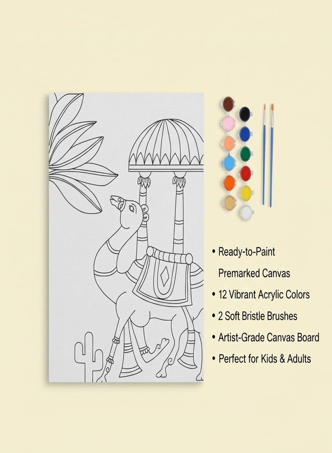 HOBBY INDIA مجموعة لوحة الرسم على القماش من هوبي إنديا للأطفال والكبار | هدية فنية وحرفية للأولاد والبنات | تصميمات فنية هندية يدوية الصنع جاهزة | ديكور للمنزل، غرفة النوم، غرفة المعيشة والمكتب (12 × 9 بوصة) (لون الجمل) - Image 5